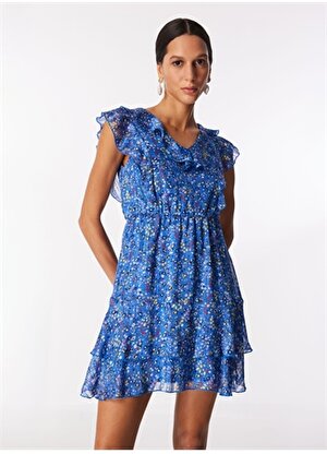Selen V Yaka Çiçek Desenli Mavi Standart Kadın Elbise 24YSL7393
