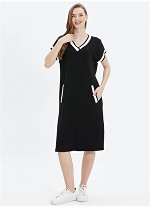 Selen V Yaka Düz Siyah Standart Kadın Elbise 24YSL7484