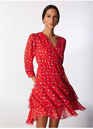 Selen Kruvaze Yaka Çiçek Desenli Kırmızı Standart Kadın Elbise 24YSL7433