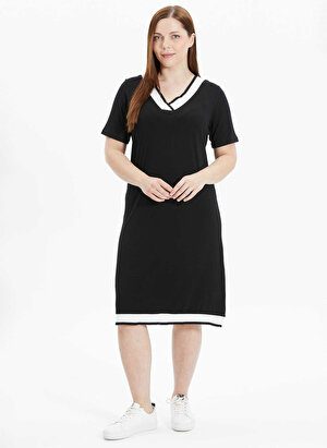 Selen V Yaka Düz Siyah Standart Kadın Elbise 24YSL7483-BB