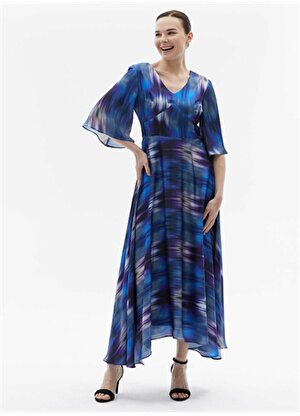 Selen V Yaka Emprime Saks Standart Kadın Elbise 24YSL7441