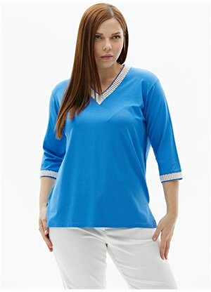 Selen V Yaka Düz Mavi Kadın Bluz 24YSL8841-BB
