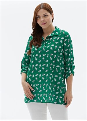 Selen Gömlek Yaka Emprime Yeşil Kadın Bluz 24YSL8846-BB