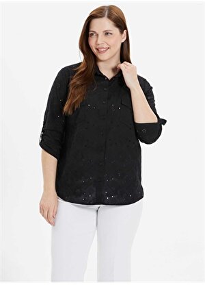 Selen Gömlek Yaka Desenli Siyah Kadın Bluz 24YSL8865-BB