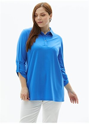 Selen Polo Yaka Düz Mavi Kadın Bluz 24YSL8858-BB