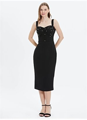 Selen V Yaka Taşlı Siyah Standart Kadın Elbise 24YSL7475