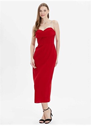 Selen V Yaka Taşlı Kırmızı Standart Kadın Elbise 24YSL7477