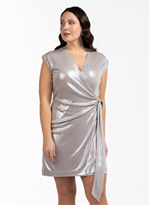 Luokk Kruvaze Yaka Çizgili Gümüş Midi Kadın Elbise NORA