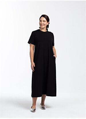 Luokk Yuvarlak Yaka Düz Siyah Midi Kadın Elbise KATHY
