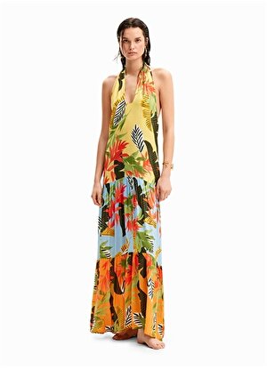 Desigual Klasik Yaka Desenli Çok Renkli Uzun Kadın Elbise 24SWMW08