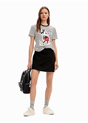 Desigual Mickey Mouse Baskılı Yuvarlak Yaka Beyaz Kadın T-Shirt 24SWTK77