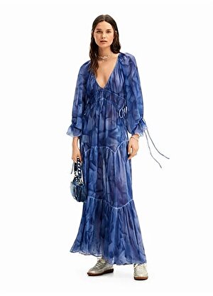 Desigual V Yaka Desenli Mavi Uzun Kadın Elbise 24SWVW49