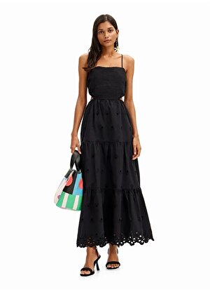 Desigual Kare Yaka Düz Siyah Uzun Kadın Elbise 24SWVW12