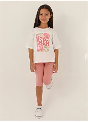 U.S. Polo Assn. Baskılı Ekru - Pembe - Ekru Kız Çocuk Pijama Takımı US1800