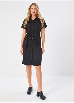 Faik Sönmez Gömlek Yaka Siyah Diz Altı Kadın Elbise U68293