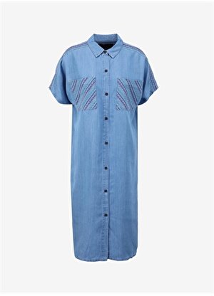 Faik Sönmez Gömlek Yaka İndigo Diz Altı Kadın Elbise U68436