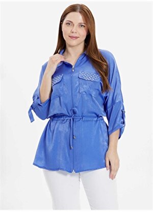 Selen Gömlek Yaka Taşlı Mavi Kadın Bluz 24YSL8830-BB
