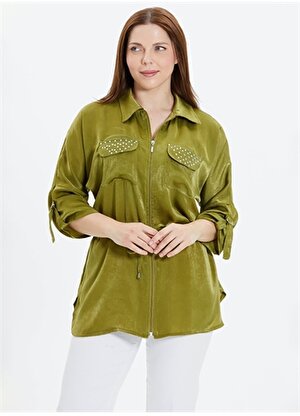 Selen Gömlek Yaka Taşlı Yeşil Kadın Bluz 24YSL8830-BB
