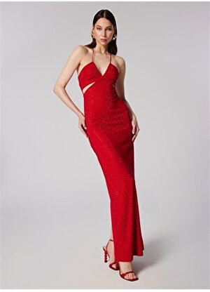 Sagaza for Boyner Kırmızı Kadın V Yaka Uzun Normal Taşlı Abiye Elbise SGZB009