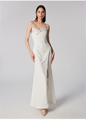 Sagaza for Boyner Beyaz Kadın Straplez Uzun Normal Taşlı Abiye Elbise SGZB024