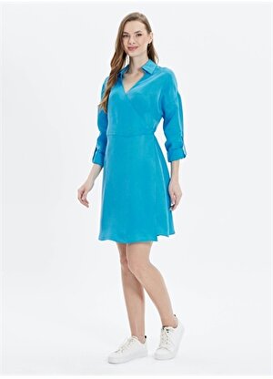 Selen Gömlek Yaka Düz Mavi Standart Kadın Elbise 24YSL7403