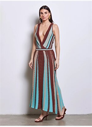 Akep V Yaka Çok Renkli Uzun Kadın Elbise VSKD05057