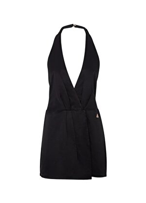 Akep V Yaka Düz Siyah Kısa Kadın Elbise VSKD05130