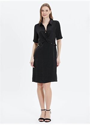 Selen Gömlek Yaka Düz Siyah Standart Kadın Elbise 24YSL7422