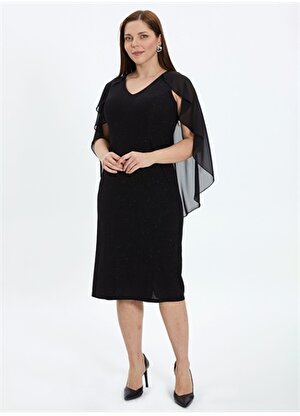 Selen V Yaka Simli Siyah Standart Kadın Elbise 24YSL7474-BB