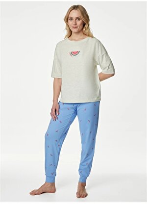 Marks & Spencer Düz Sarı - Mavi Kadın Pijama Takımı 1469J