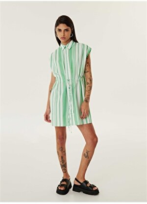 Twist Gömlek Yaka Çizgili Yeşil Mini Kadın Elbise TS1240002353070