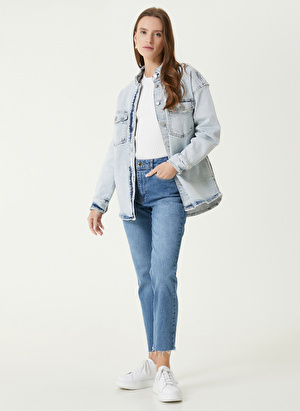 Network Regular Fit Gömlek Yaka Açık İndigo Kadın Denim Gömlek 1090187