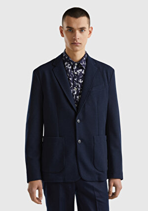 Erkek İndigo Viskoz Karışımlı Biyeli Cep Detaylı Çift Düğmeli Blazer Ceket