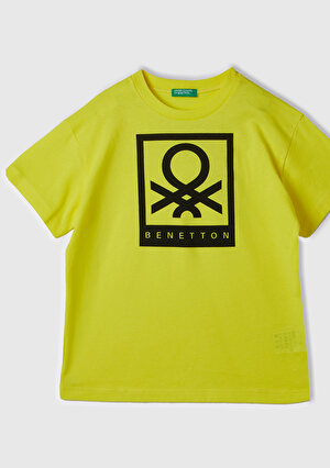 Erkek Çocuk Neon Sarı Benetton Logolu Su Baskılı T-Shirt
