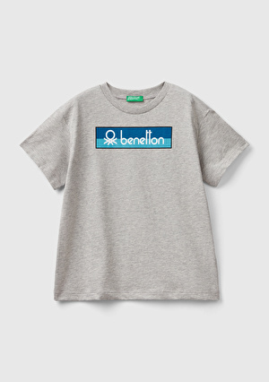 Erkek Çocuk Gri Melanj Benetton Yazılı Yaz T-Shirt