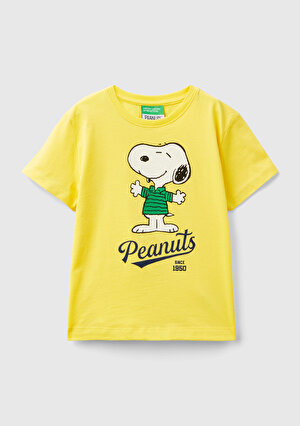 Erkek Çocuk Neon Sarı Önü Peanuts Baskılı Rahat Kalıp Bisiklet Yaka T-Shirt