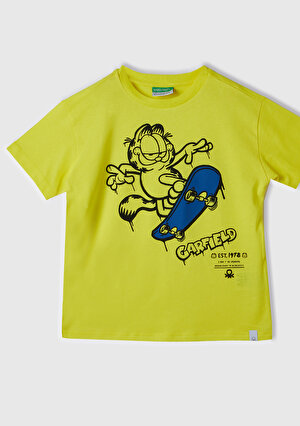 Erkek Çocuk Neon Sarı Garfield Baskılı Etek Ucu Logo Detaylı T-Shirt