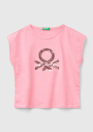 Kız Çocuk Pembe Payetli Benetton Yazılı Yaz T-Shirt