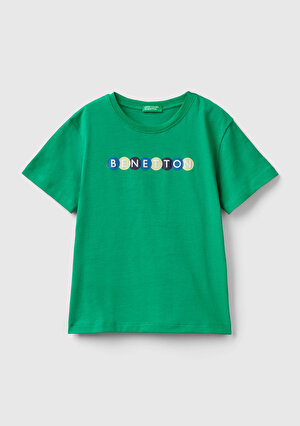 Erkek Çocuk Yeşil Benetton Yazılı Yaz T-Shirt