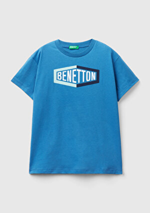 Erkek Çocuk Saks Mavi Benetton Yazılı Yaz T-Shirt