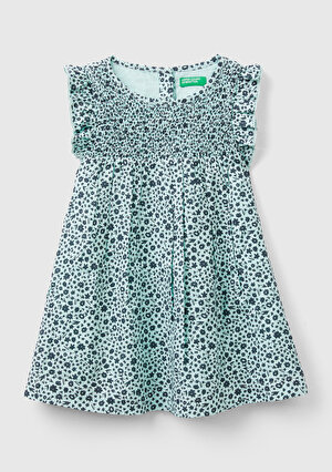 Kız Çocuk Açık Mavi Mix Tamamı Desenli Arkası Düğmeli Fırfır Detaylı Elbise