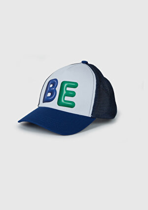 Erkek Çocuk Saks Mavi Önü Grafik Baskılı Arkası File Detaylı Cırtcırtlı Kep Şapka