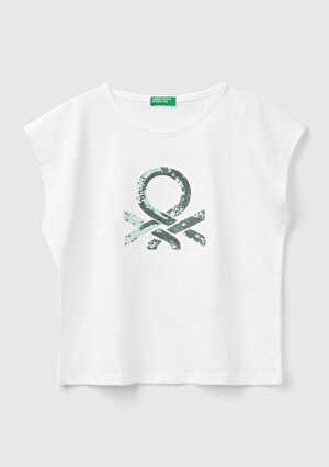 Kız Çocuk Beyaz Payetli Benetton Yazılı Yaz T-Shirt