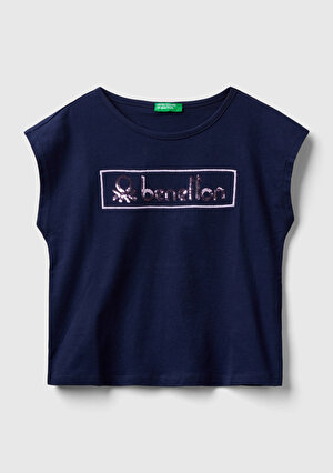 Kız Çocuk Lacivert Payetli Benetton Yazılı Yaz T-Shirt