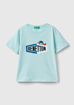 Erkek Çocuk Su Yeşili Benetton Yazılı Yaz T-Shirt