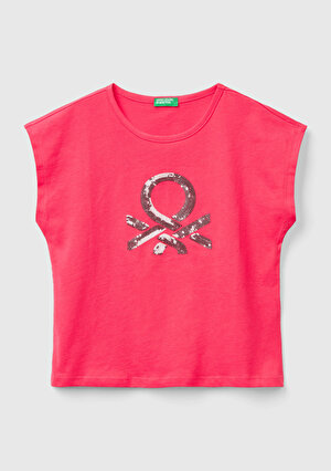 Kız Çocuk Fuşya Payetli Benetton Yazılı Yaz T-Shirt