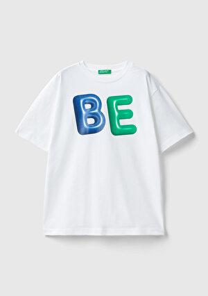 Erkek Çocuk Beyaz Önü Baskılı Arkası Logo Detaylı Bisiklet Yaka T-Shirt