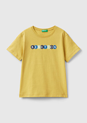 Erkek Çocuk Hardal Sarı Benetton Yazılı Yaz T-Shirt