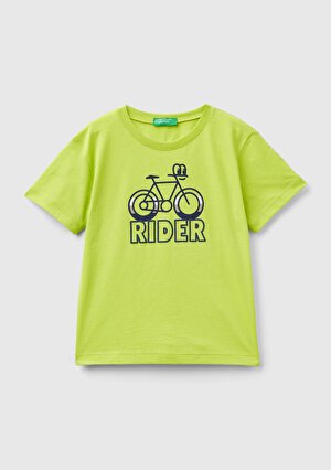 Erkek Çocuk Neon Yeşil Önü Kabarık Baskılı Bisiklet Yaka T-Shirt