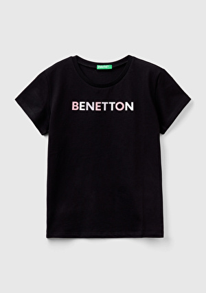 Kız Çocuk Siyah Simli Benetton Yazılı T-Shirt